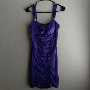 Vintage Y2K Love Tease Purple Bodycon Ruched Mini Dress with Rhinestone Detail